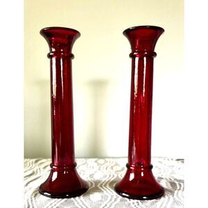 VTG Ruby Red Glass Candlestick Holders Pair  Elegant Taper Holders Mid Century